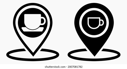 Location of the cafe. GPS and cup. Point on the recreation map. Restaurant icon. Vector icon.