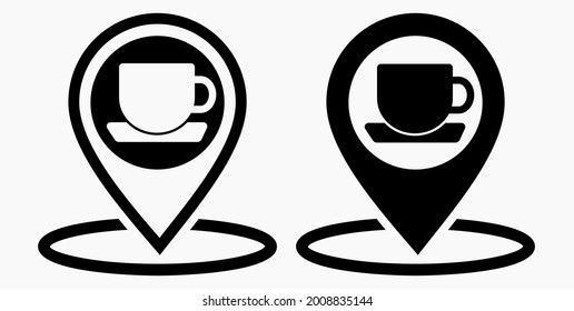 Location of the cafe. GPS and cup. Point on the recreation map. Restaurant icon. Vector icon.