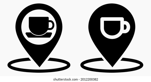 Location of the cafe. GPS and cup. Point on the recreation map. Restaurant icon. Vector icon.