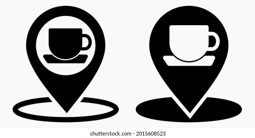 Location of the cafe. GPS and cup. Point on the recreation map. Restaurant icon. Vector icon.