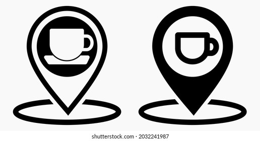 Location of the cafe. GPS and cup. Point on the recreation map. Restaurant icon. Vector icon.