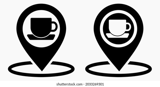 Ubicación de la cafetería. GPS y taza. Apunte al mapa de recreación. Icono de restaurante. Icono del vector.