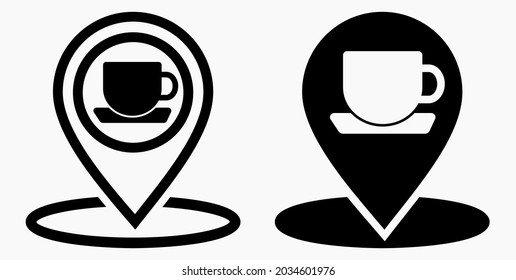 Ubicación de la cafetería. GPS y taza. Apunte al mapa de recreación. Icono de restaurante. Icono del vector.