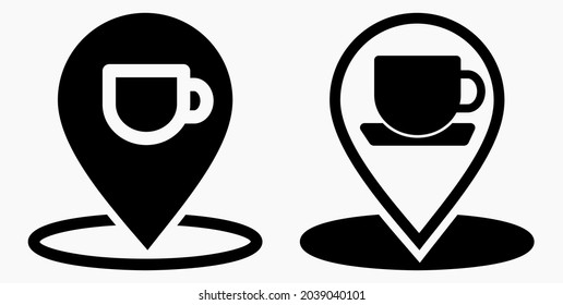 Location of the cafe. GPS and cup. Point on the recreation map. Restaurant icon. Vector icon.