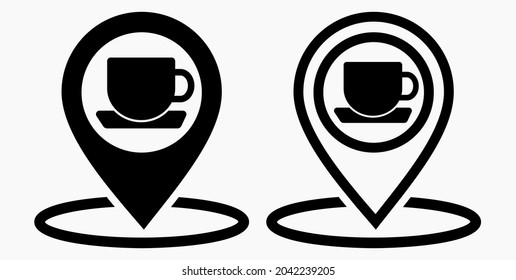 Location of the cafe. GPS and cup. Point on the recreation map. Restaurant icon. Vector icon.