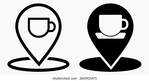 Ubicación de la cafetería. GPS y taza. Apunte al mapa de recreación. Icono de restaurante. Icono del vector.