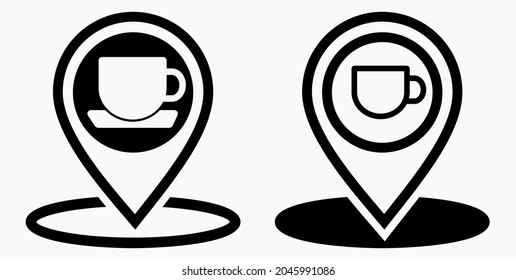 Location of the cafe. GPS and cup. Point on the recreation map. Restaurant icon. Vector icon.