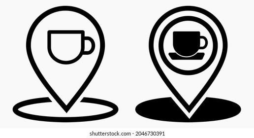 Location of the cafe. GPS and cup. Point on the recreation map. Restaurant icon. Vector icon.