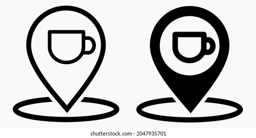 Ubicación de la cafetería. GPS y taza. Apunte al mapa de recreación. Icono de restaurante. Icono del vector.
