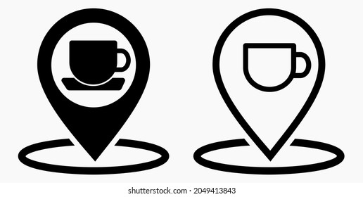 Location of the cafe. GPS and cup. Point on the recreation map. Restaurant icon. Vector icon.
