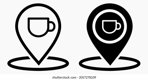 Ubicación de la cafetería. GPS y taza. Apunte al mapa de recreación. Icono de restaurante. Icono del vector.
