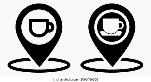 Location of the cafe. GPS and cup. Point on the recreation map. Restaurant icon. Vector icon.