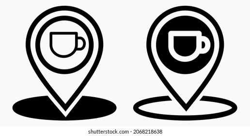 Ubicación de la cafetería. GPS y taza. Apunte al mapa de recreación. Icono de restaurante. Icono del vector.