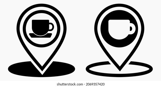 Location of the cafe. GPS and cup. Point on the recreation map. Restaurant icon. Vector icon.