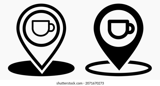 Ubicación de la cafetería. GPS y taza. Apunte al mapa de recreación. Icono de restaurante. Icono del vector.