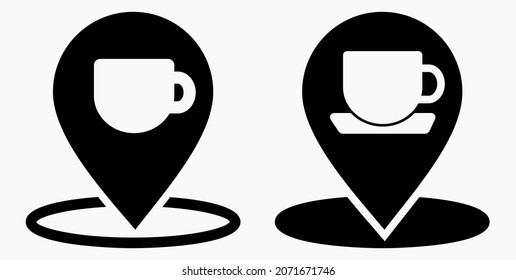 Location of the cafe. GPS and cup. Point on the recreation map. Restaurant icon. Vector icon.