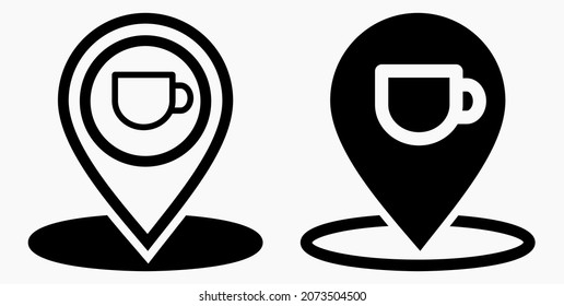 Ubicación de la cafetería. GPS y taza. Apunte al mapa de recreación. Icono de restaurante. Icono del vector.