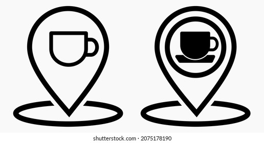 Location of the cafe. GPS and cup. Point on the recreation map. Restaurant icon. Vector icon.