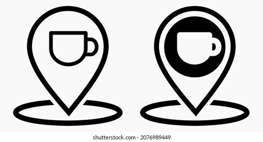 Location of the cafe. GPS and cup. Point on the recreation map. Restaurant icon. Vector icon.
