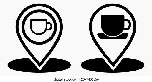 Location of the cafe. GPS and cup. Point on the recreation map. Restaurant icon. Vector icon.