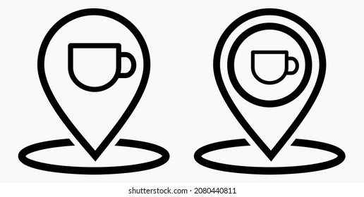Location of the cafe. GPS and cup. Point on the recreation map. Restaurant icon. Vector icon.
