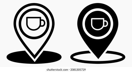 Location of the cafe. GPS and cup. Point on the recreation map. Restaurant icon. Vector icon.
