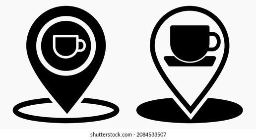 Location of the cafe. GPS and cup. Point on the recreation map. Restaurant icon. Vector icon.