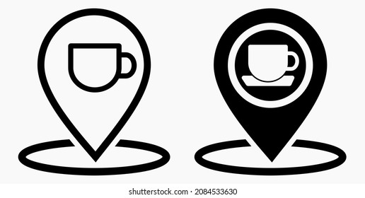 Location of the cafe. GPS and cup. Point on the recreation map. Restaurant icon. Vector icon.