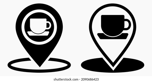 Location of the cafe. GPS and cup. Point on the recreation map. Restaurant icon. Vector icon.