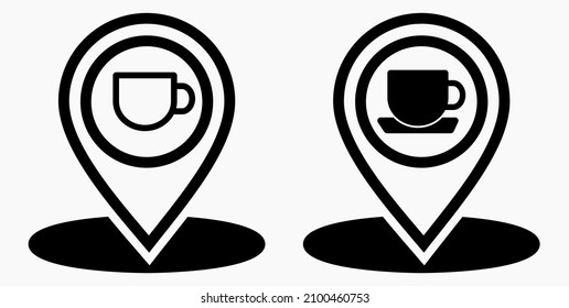 Ubicación de la cafetería. GPS y taza. Apunte al mapa de recreación. Icono de restaurante. Icono del vector.