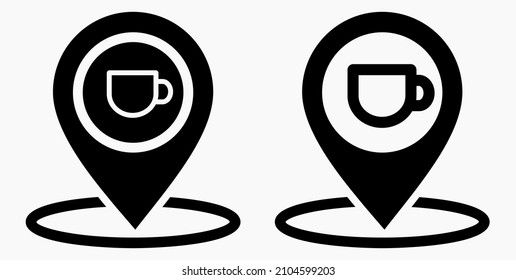 Die Lage des Cafés. GPS und Tasse. Zeigen Sie auf der Erholungskarte. Restaurant Ikone. Vektorsymbol.