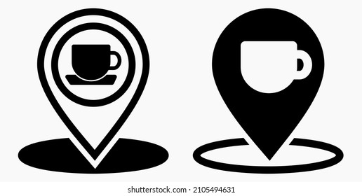 Die Lage des Cafés. GPS und Tasse. Zeigen Sie auf der Erholungskarte. Restaurant Ikone. Vektorsymbol.