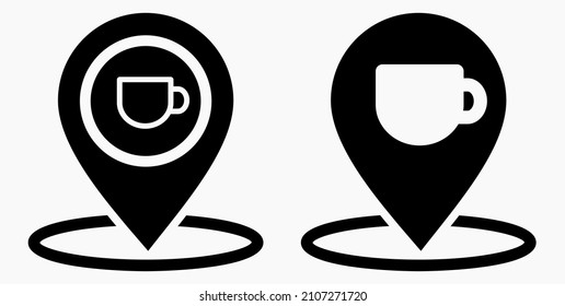 Ubicación de la cafetería. GPS y taza. Apunte al mapa de recreación. Icono de restaurante. Icono del vector.