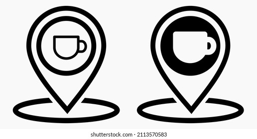 Location of the cafe. GPS and cup. Point on the recreation map. Restaurant icon. Vector icon.