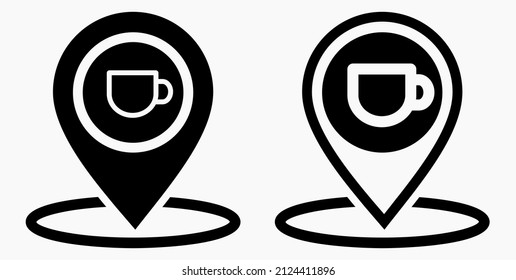 Location of the cafe. GPS and cup. Point on the recreation map. Restaurant icon. Vector icon.