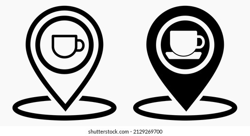 Ubicación de la cafetería. GPS y taza. Apunte al mapa de recreación. Icono de restaurante. Icono del vector.