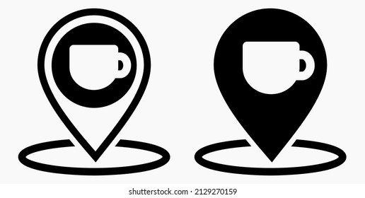 Location of the cafe. GPS and cup. Point on the recreation map. Restaurant icon. Vector icon.