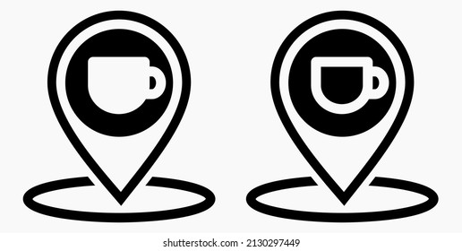 Die Lage des Cafés. GPS und Tasse. Zeigen Sie auf der Erholungskarte. Restaurant Ikone. Vektorsymbol.