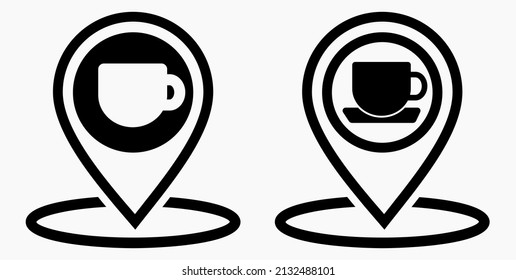 Location of the cafe. GPS and cup. Point on the recreation map. Restaurant icon. Vector icon.