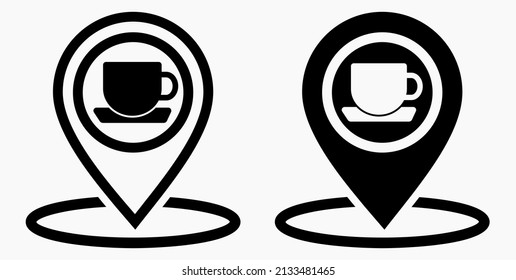 Location of the cafe. GPS and cup. Point on the recreation map. Restaurant icon. Vector icon.