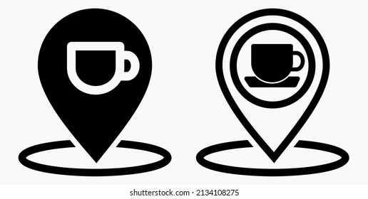 Die Lage des Cafés. GPS und Tasse. Zeigen Sie auf der Erholungskarte. Restaurant Ikone. Vektorsymbol.