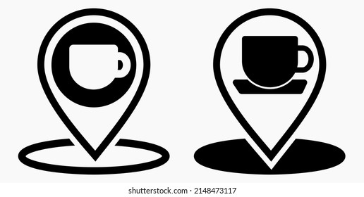 Location of the cafe. GPS and cup. Point on the recreation map. Restaurant icon. Vector icon.