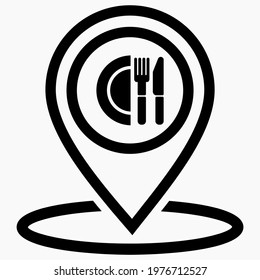 Location of the cafe. GPS and fork with spoon. Point on the fast food map. Restaurant icon. Vector icon.