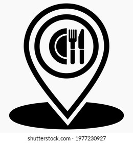 Location of the cafe. GPS and fork with spoon. Point on the fast food map. Restaurant icon. Vector icon.