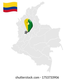Ubicación de Caldas en el mapa Colombia. 3d Indicador de ubicación de Caldas. Bandera de Caldas. Mapa de calidad con regiones de la República de Colombia para el diseño de su sitio web, logotipo, aplicación, UI. Vector de material. EPS10.