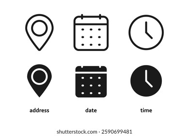 Location, Calendar, date, time, clock line icons set, editable stroke isolated on white, linear vector icon