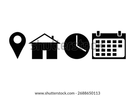 Location, Calendar, date, time, clock line Vector set of date, time, and location icons including calendar, clock, pin, and map symbols.
