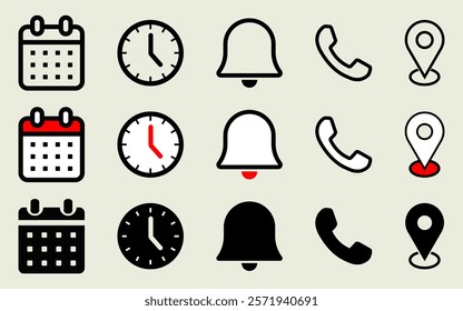 Location calendar phone notification clock icon set stopwatch appointment alarm reminder attention notice map call vector buttons