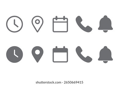 Location, Calendar, Time and Notification icons. Calendar, address location pointer and alarm bell. Notice alert, business schedule and office time clock. Location place, date reminder. 