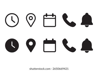Location, Calendar, Time and Notification icons. Calendar, address location pointer and alarm bell. Notice alert, business schedule and office time clock. Location place, date reminder. 